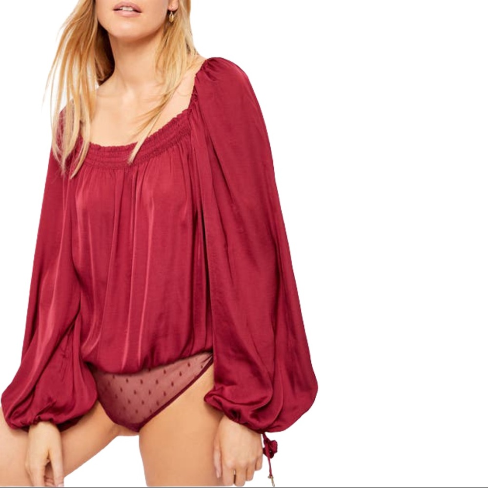Free People Burgundy Long Sleeve Peasant Bodysuit